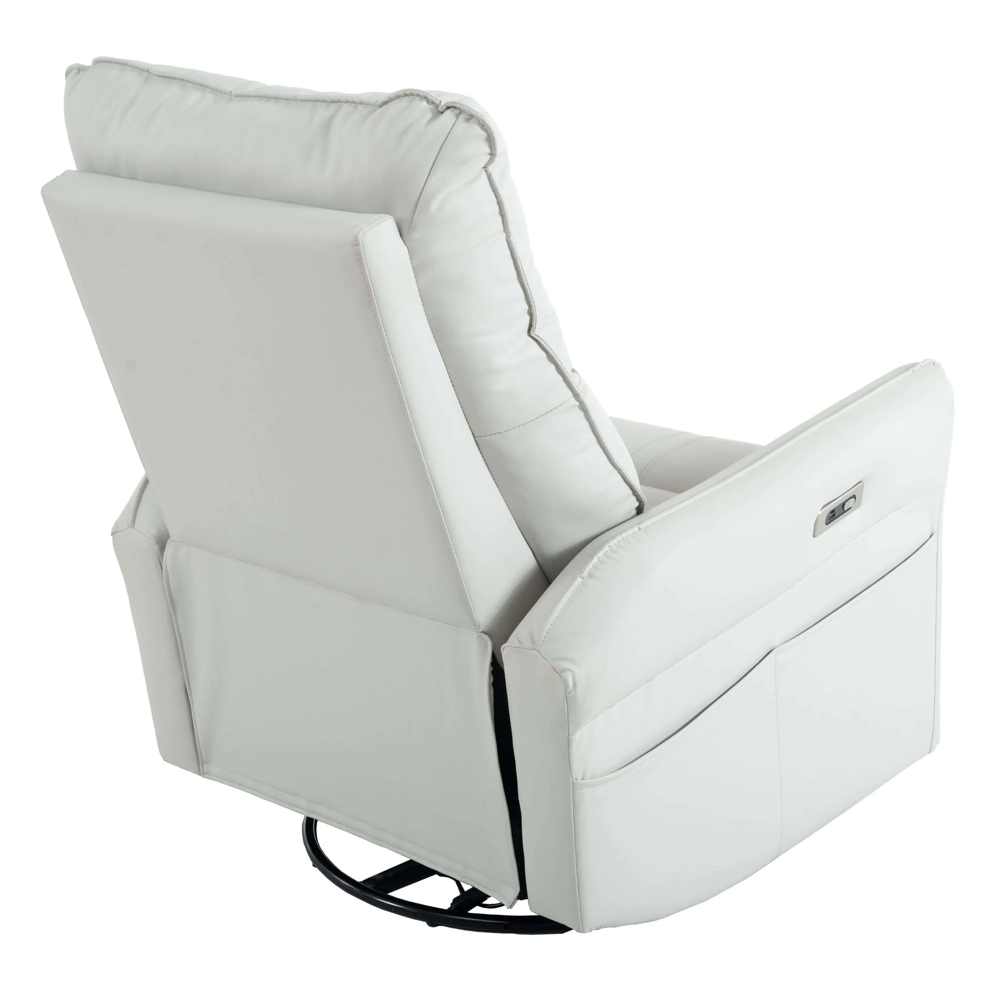 Light gray recliner chair with black metal base on a white background