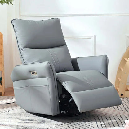 Gray recliner chair in a room with a white wall and wooden furniture.