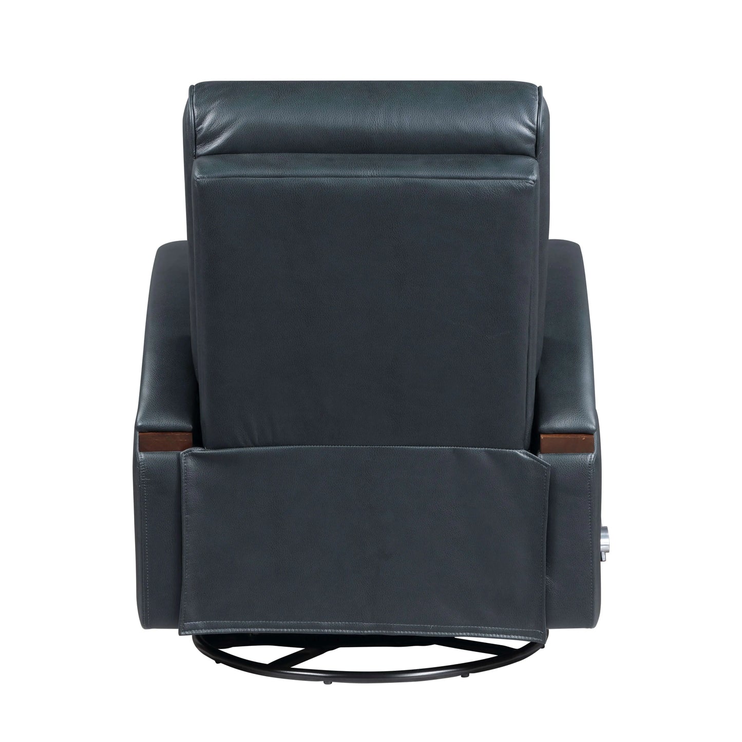 Back view of a navy blue faux leather swivel glider recliner chair on a white background