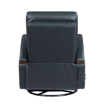 Back view of a navy blue faux leather swivel glider recliner chair on a white background