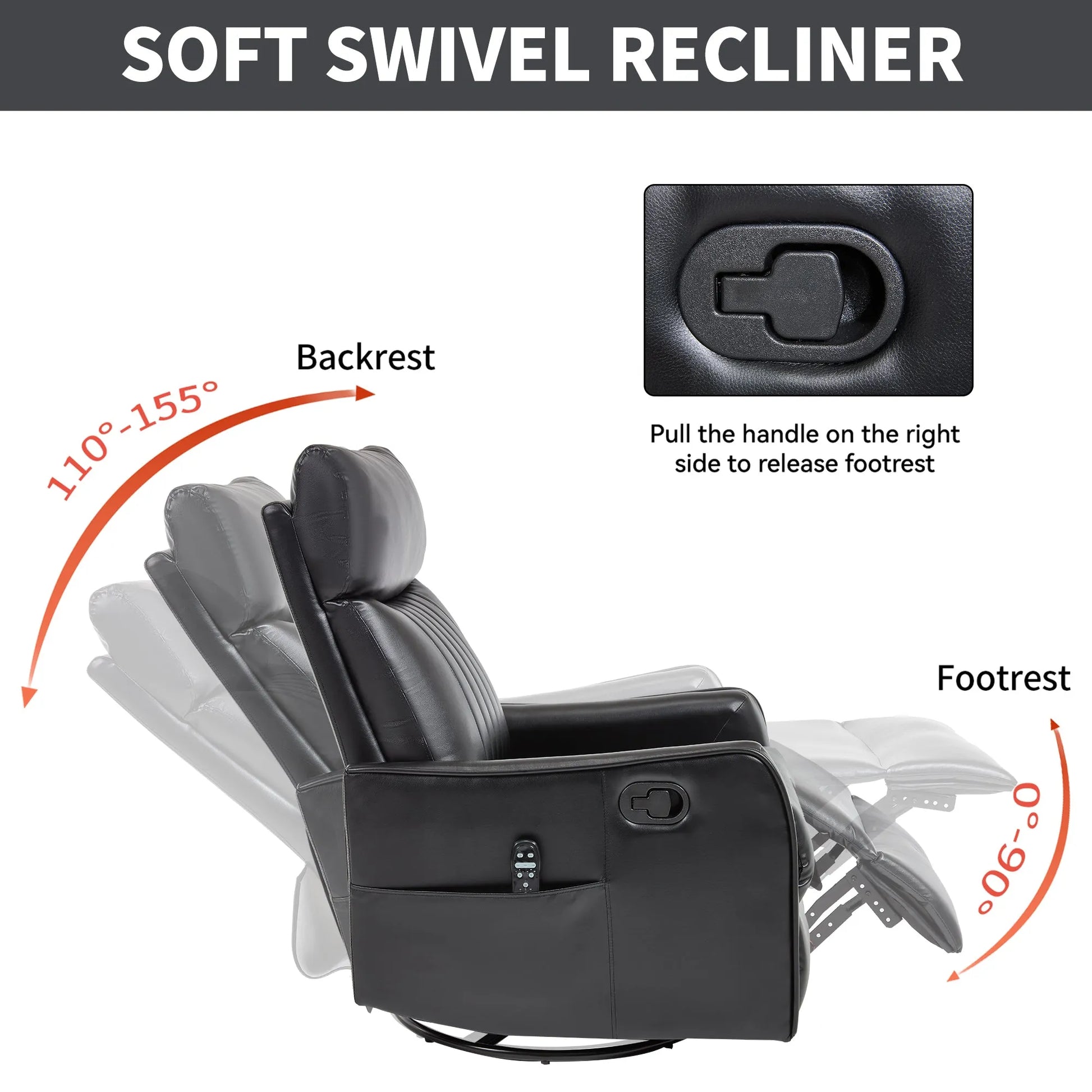 Black soft swivel recliner chair with labeled parts and instructions on footrest release.
