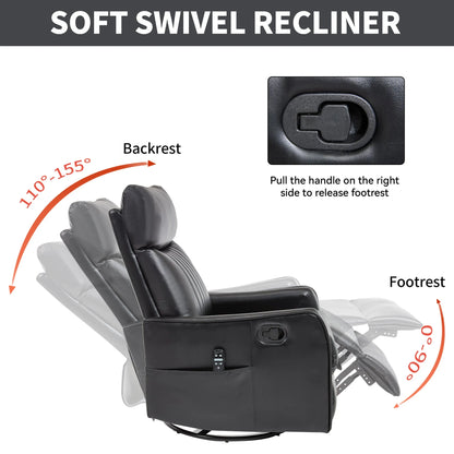 Black soft swivel recliner chair with labeled parts and instructions on footrest release.