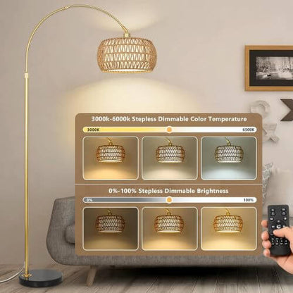 Boho Arc Floor Lamp with Remote, Dimmable LED & Rattan Shade – Gold