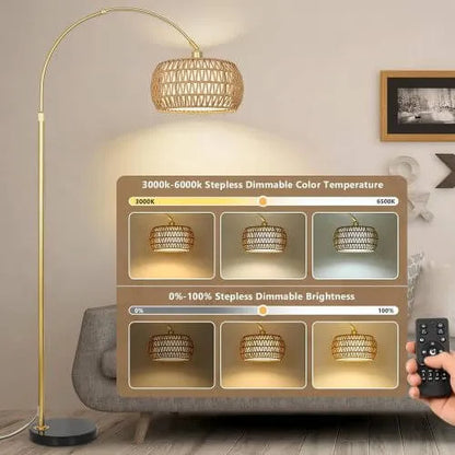 Gold floor lamp with remote control in a living room setting, showing color temperature and brightness options.