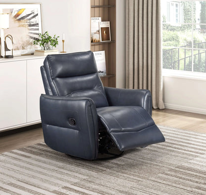 Blue recliner chair in a living room setting with a rug and window in the background