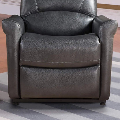 Black faux leather armchair on a striped rug