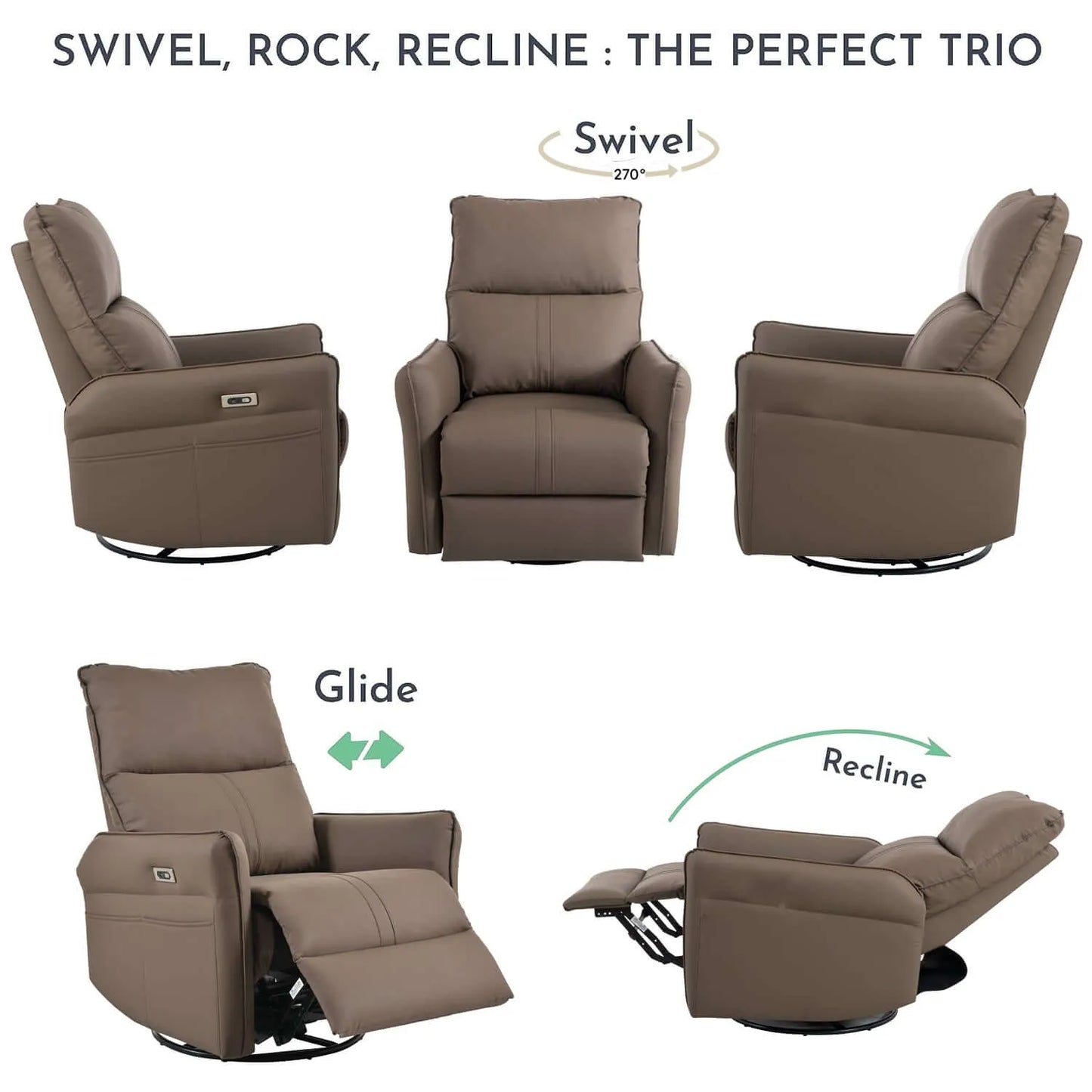 5 pictures of a brown recliner chair demonstrating swivel, rock, and recline features on a white background