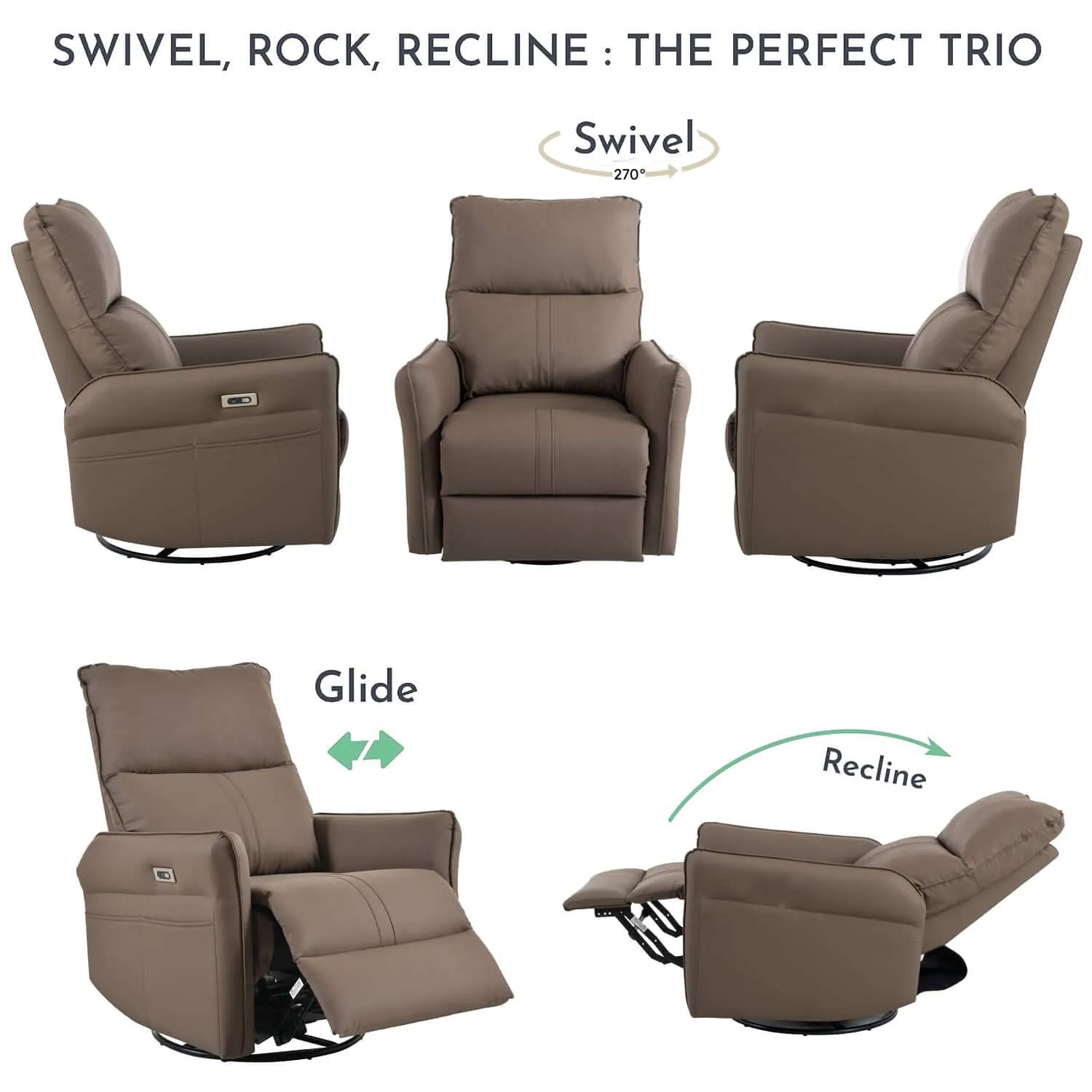 5 pictures of a brown recliner chair demonstrating swivel, rock, and recline features on a white background