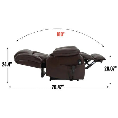 Brown recliner chair fully reclined with dimensions labeled on a white background