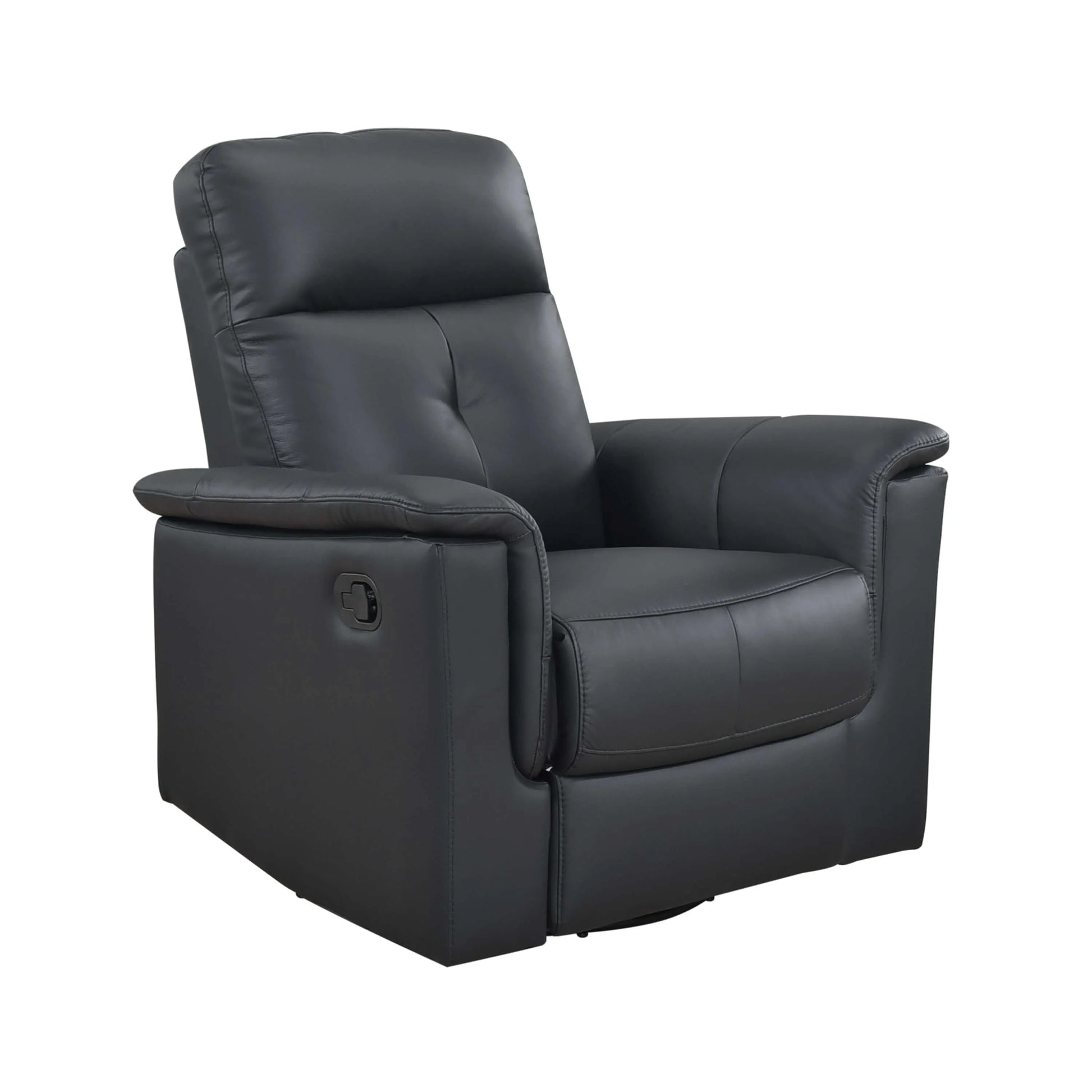 Black recliner chair with manual pull handle on a white background