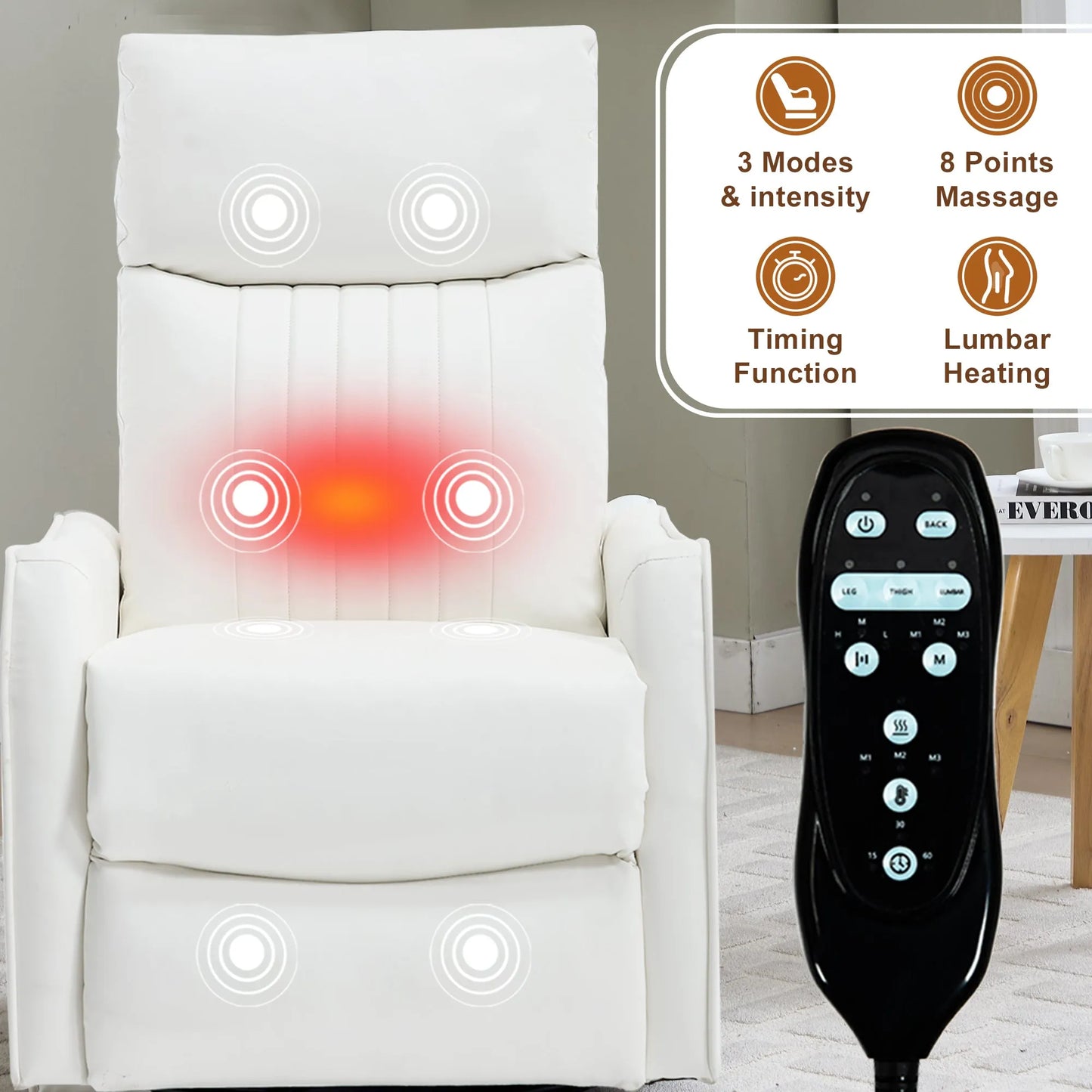 White massage recliner chair with red light and remote control on a gray background