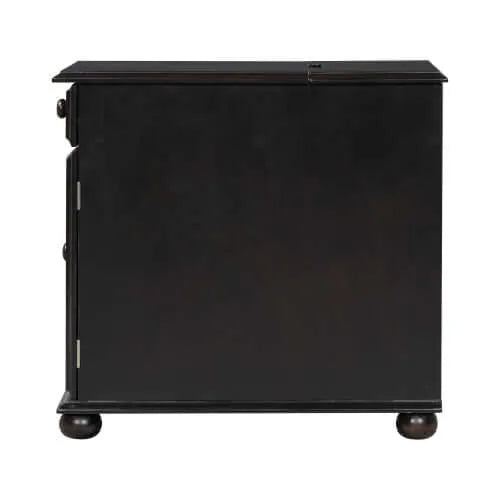 Side view of a dark brown end table with round legs on a white background