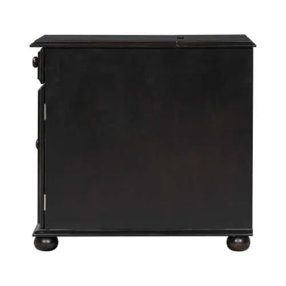 Side view of a dark brown end table with round legs on a white background