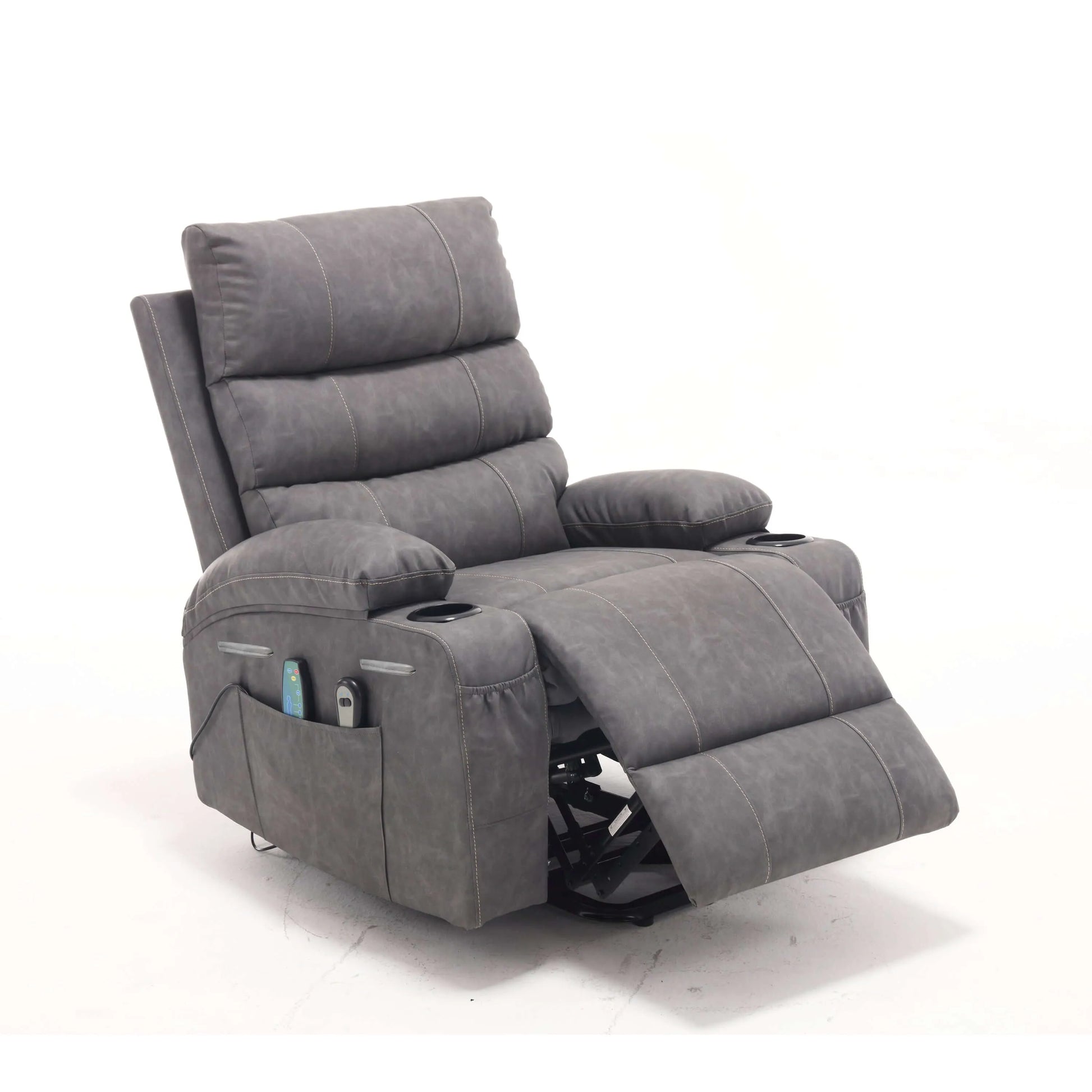Gray faux leather power lift recliner chair with plush arm cushions, cup holder and armrest pocket in a partial reclining position on a white background