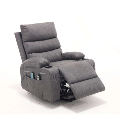 Gray faux leather power lift recliner chair with plush arm cushions, cup holder and armrest pocket in a partial reclining position on a white background