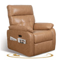 Brown leather recliner chair with storage pockets on a white background