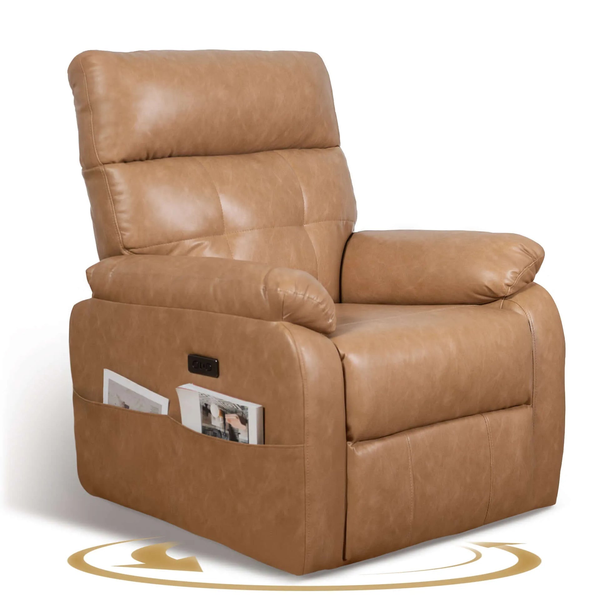 Brown leather recliner chair with storage pockets on a white background