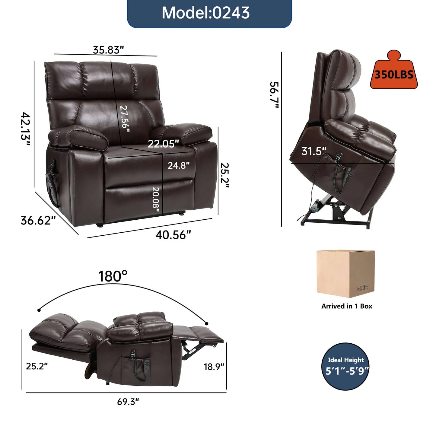 Brown recliner chair with dimensions and weight capacity details on a white background