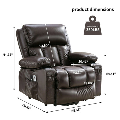 Brown leather recliner chair with dimensions and weight capacity label on a white background