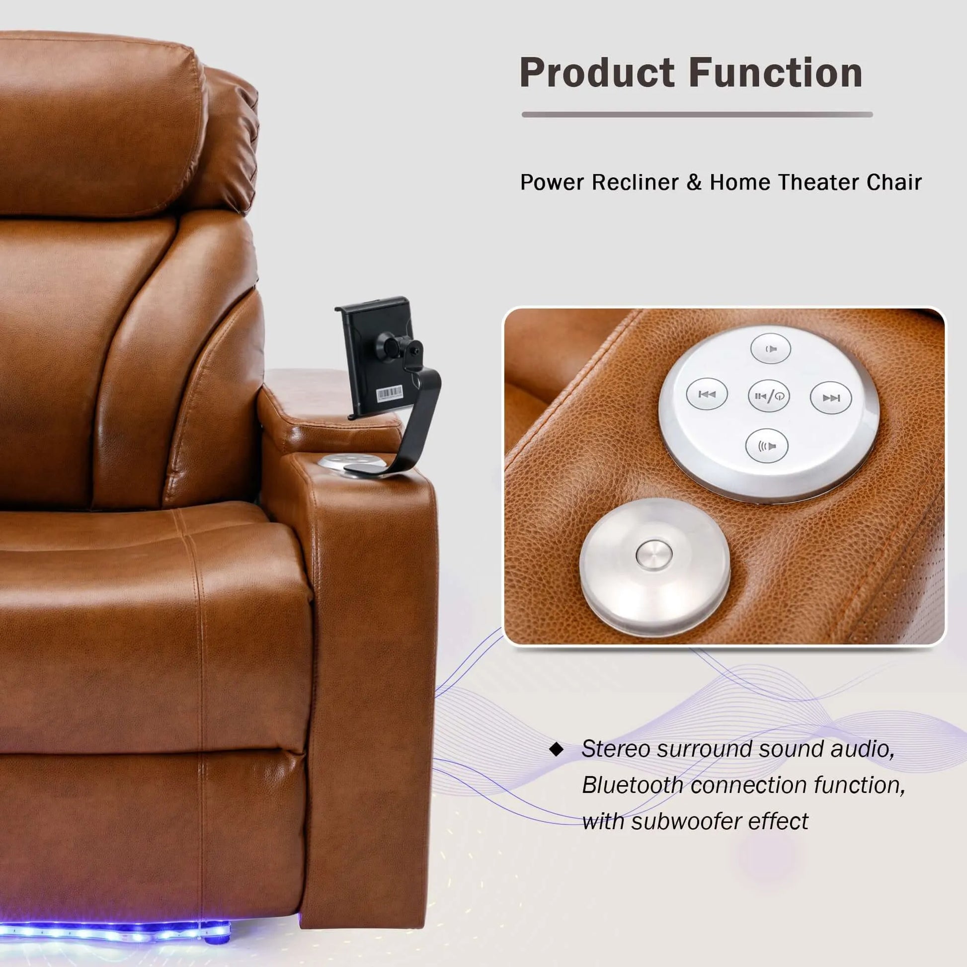 Brown power recliner home theater chair with control panel and Bluetooth connection function.