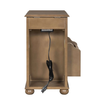 Back side view of a brown end table with a power cord plugged into an outlet on a white background