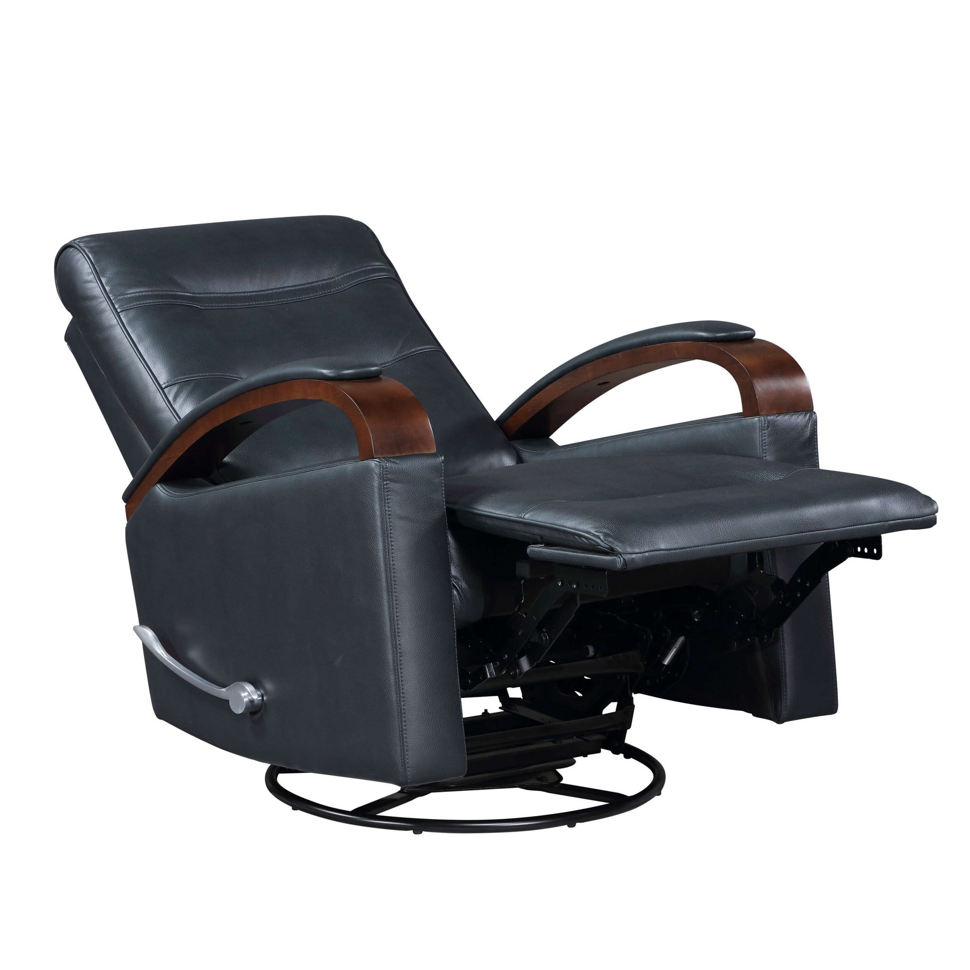 Navy blue faux leather swivel glider recliner chair with wooden armrests on a white background