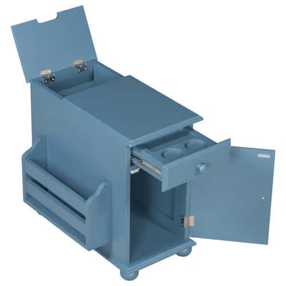 Blue end table with open doors on a white background