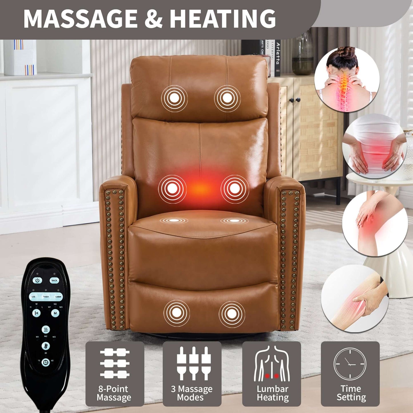 Orange Recliner w/ Heat, Massage, Rocker & Swivel – Manual