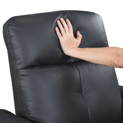 Hand touching a black leather recliner chair back cushion on a white background