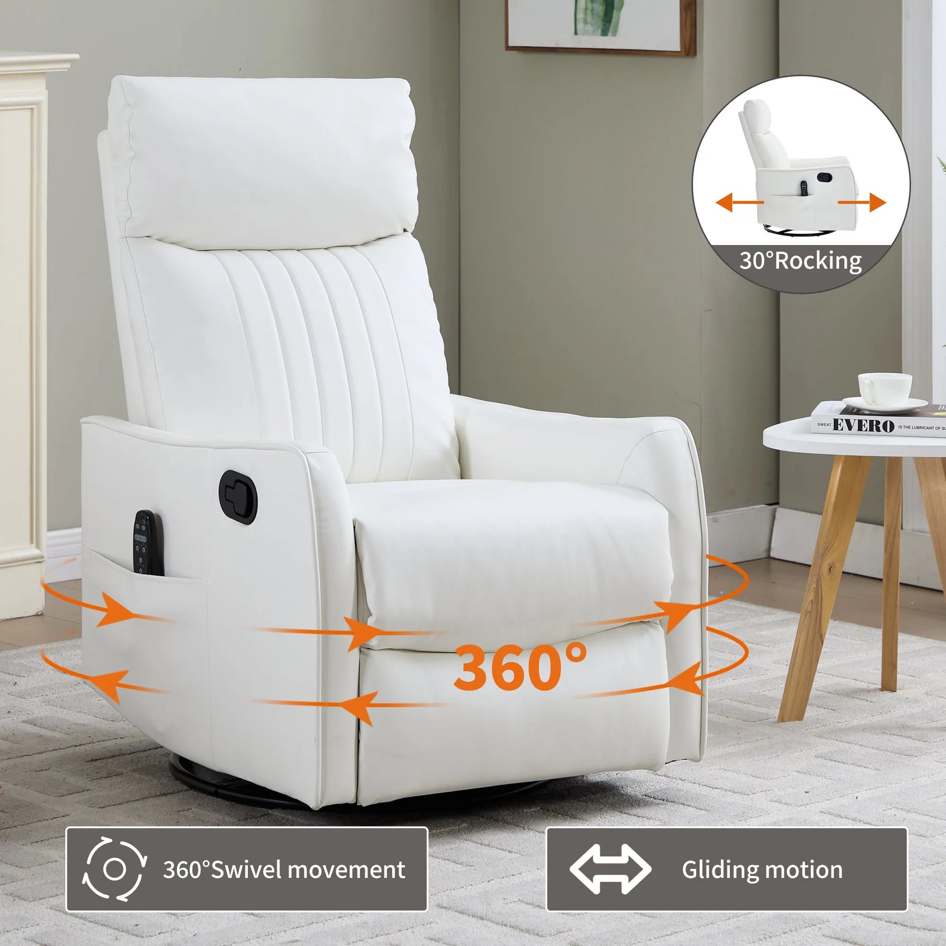 White recliner chair with features highlighted in a room setting
