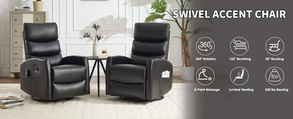 Two black swivel recliner chairs in a living room setting with features highlighted on the right.