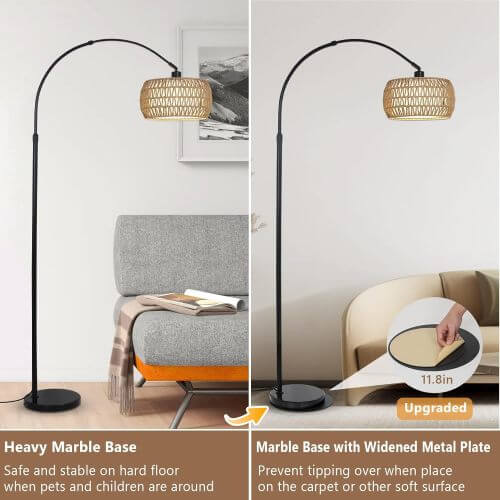 Boho Arc Floor Lamp with Remote, Dimmable LED & Rattan Shade – Black
