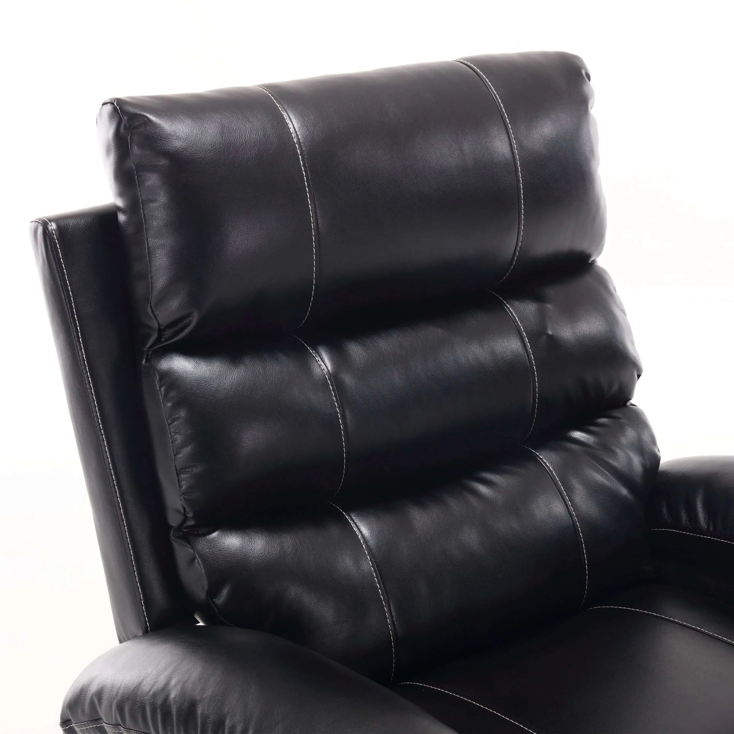 Up close view of the back cushion of a black faux leather power lift recliner chair with stitching design on a white background