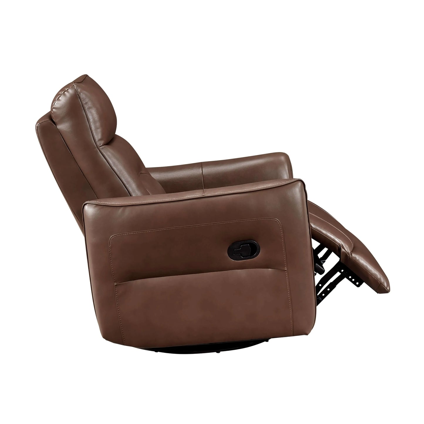 Side view of a brown leather recliner chair with footrest extended on a white background