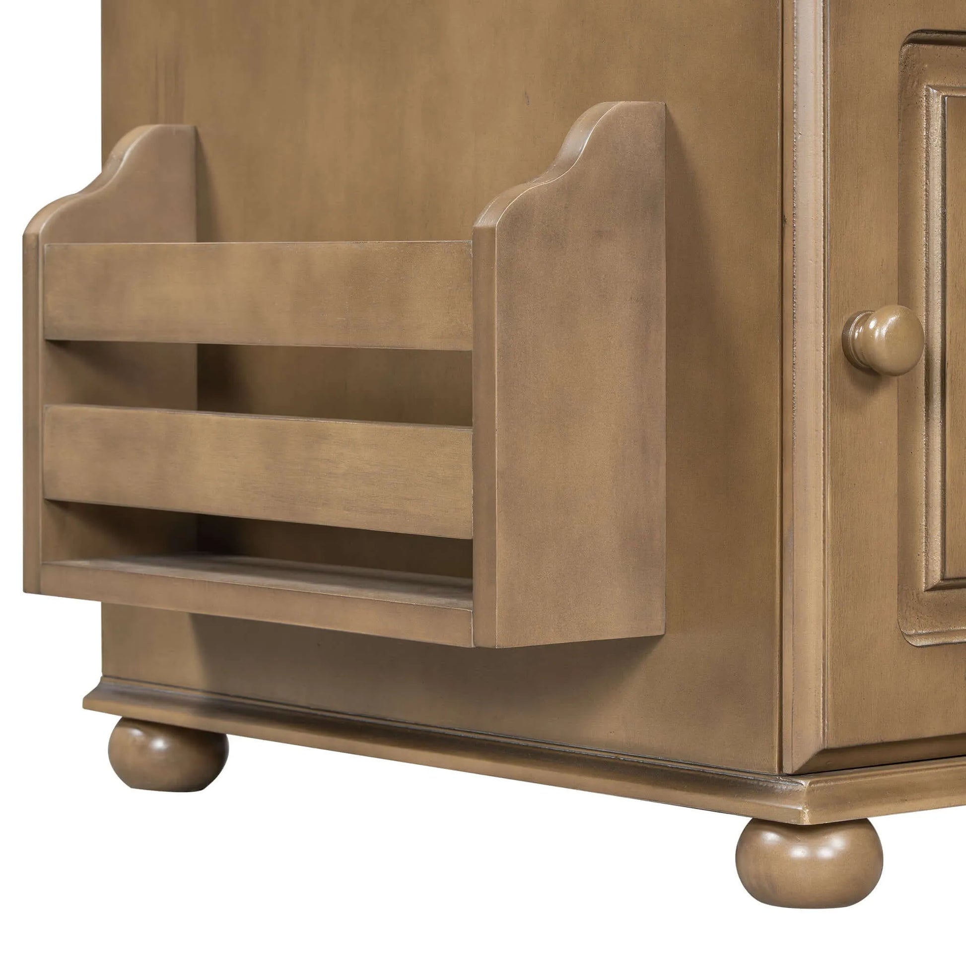 Close-up of a wooden end table with a shelf and decorative details.