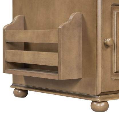 Close-up of a wooden end table with a shelf and decorative details.