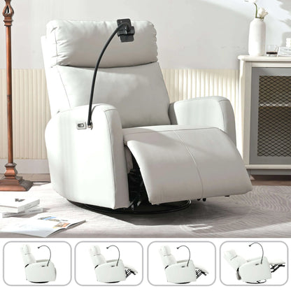 Light gray recliner chair with footrest partially extended and a phone holder in a living room setting