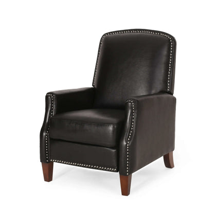 Black leather recliner chair with nailhead trim on a white background