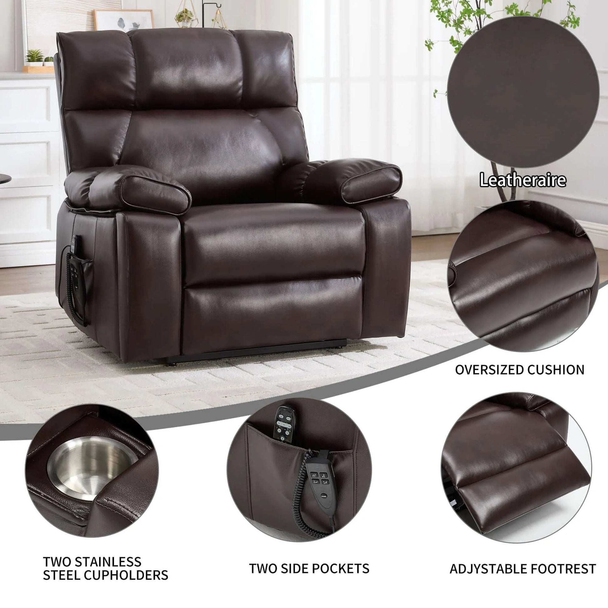 Brown leather recliner chair with features highlighted on a white background