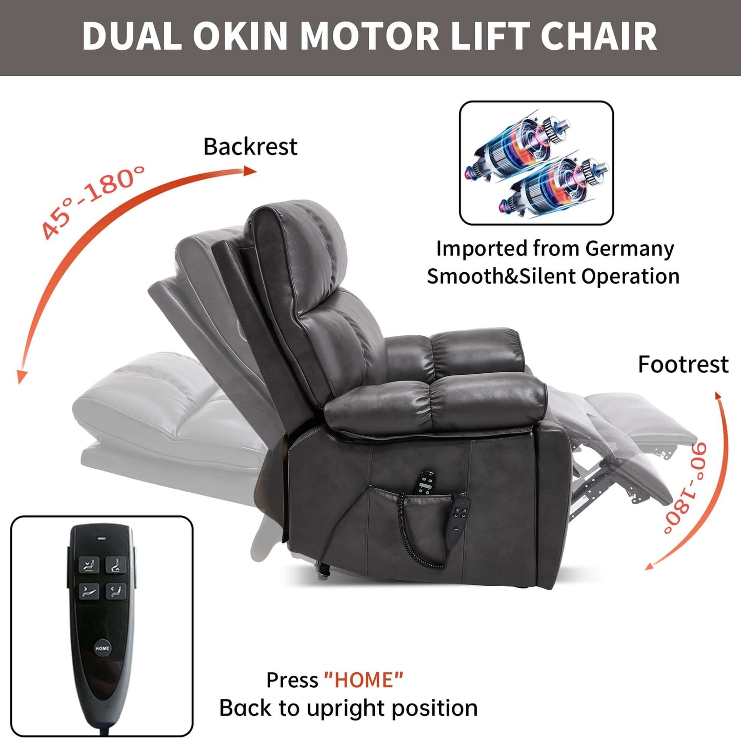 Leatheraire Power Lift Recliner w/ Heat, Massage & Remote/Dark Gray