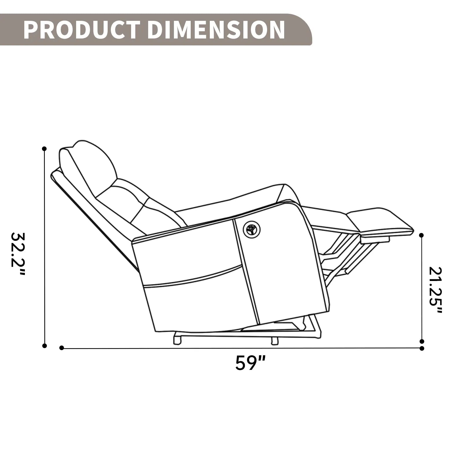 Line drawing of a recliner chair with dimensions labeled