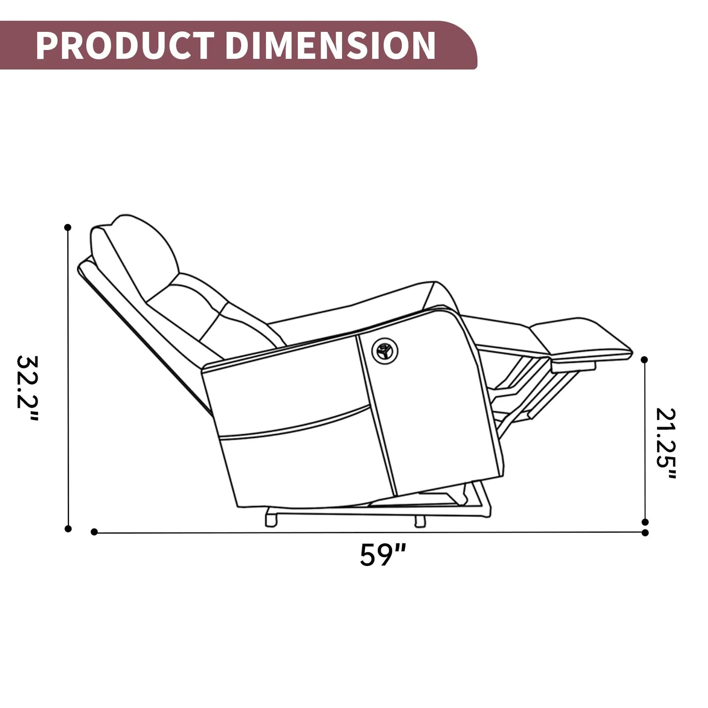 Line drawing of a recliner chair with dimensions labeled