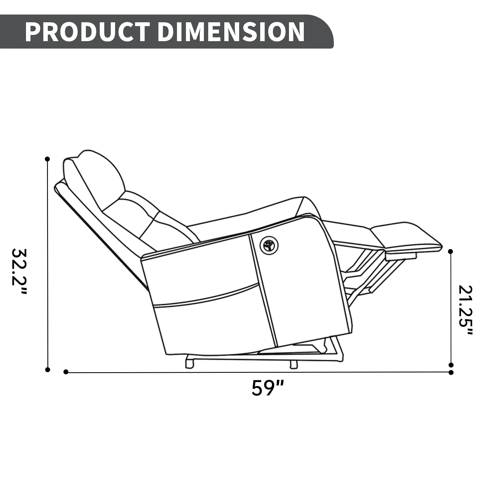 Line drawing of a recliner chair with dimensions labeled