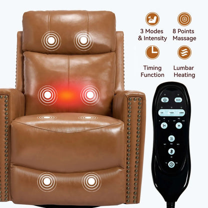 Brown massage chair with remote control and feature icons on a white background