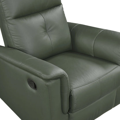 Plush seat and back cushions of a green leather swivel glider recliner chair with reclining tab on a white background