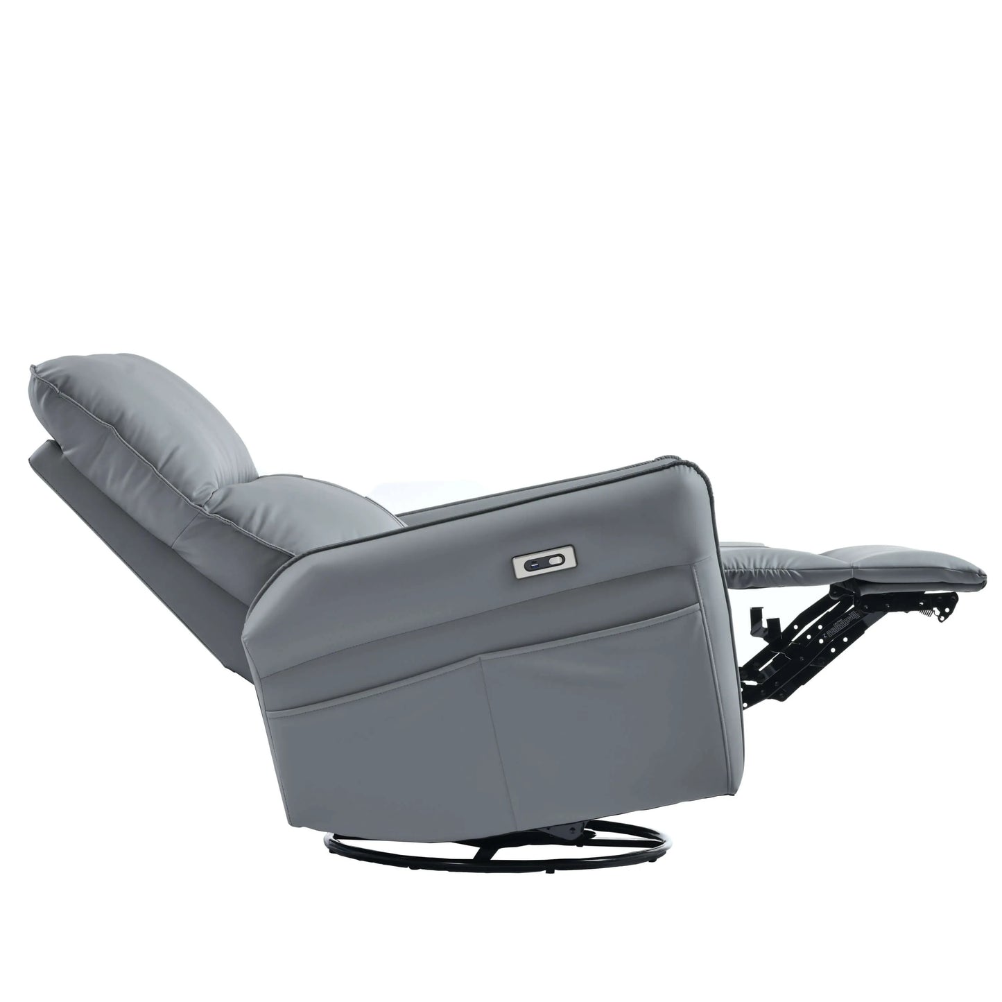 Gray recliner chair fully extended on a white background