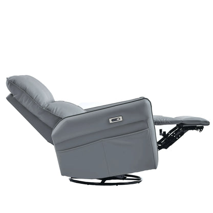 Gray recliner chair fully extended on a white background