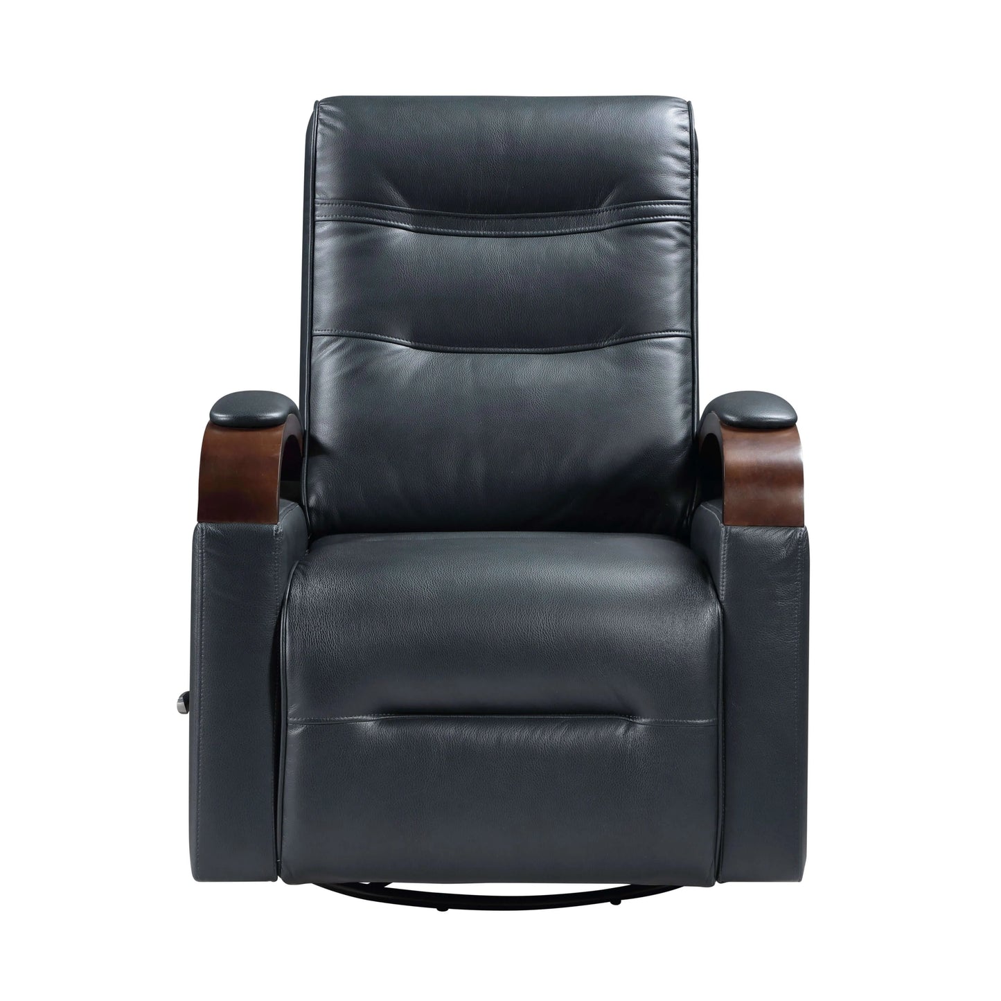 Front view of a navy blue faux leather swivel glider recliner chair with wooden armrests on a white background