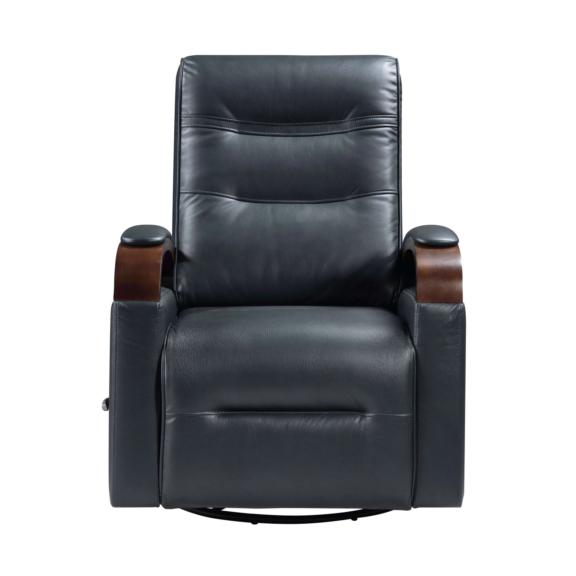 Front view of a navy blue faux leather swivel glider recliner chair with wooden armrests on a white background