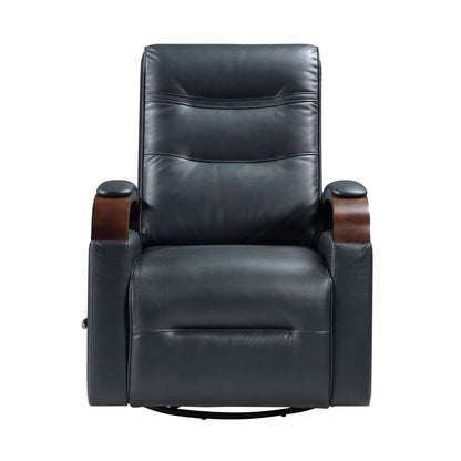 Front view of a navy blue faux leather swivel glider recliner chair with wooden armrests on a white background